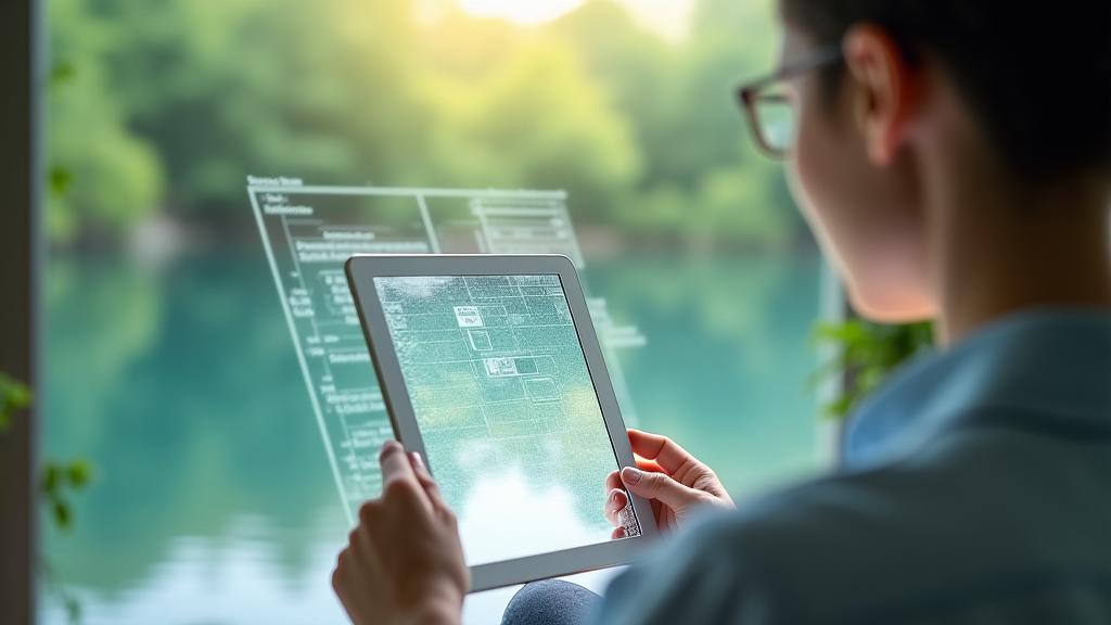 Une personne sereine utilisant une interface numérique apaisante, symbolisant l'harmonie entre technologie et bien-être.